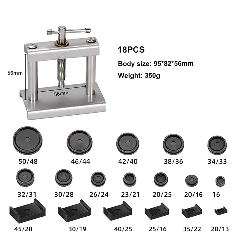 Presse pour boîtier de montre et cristal avec options de matrice