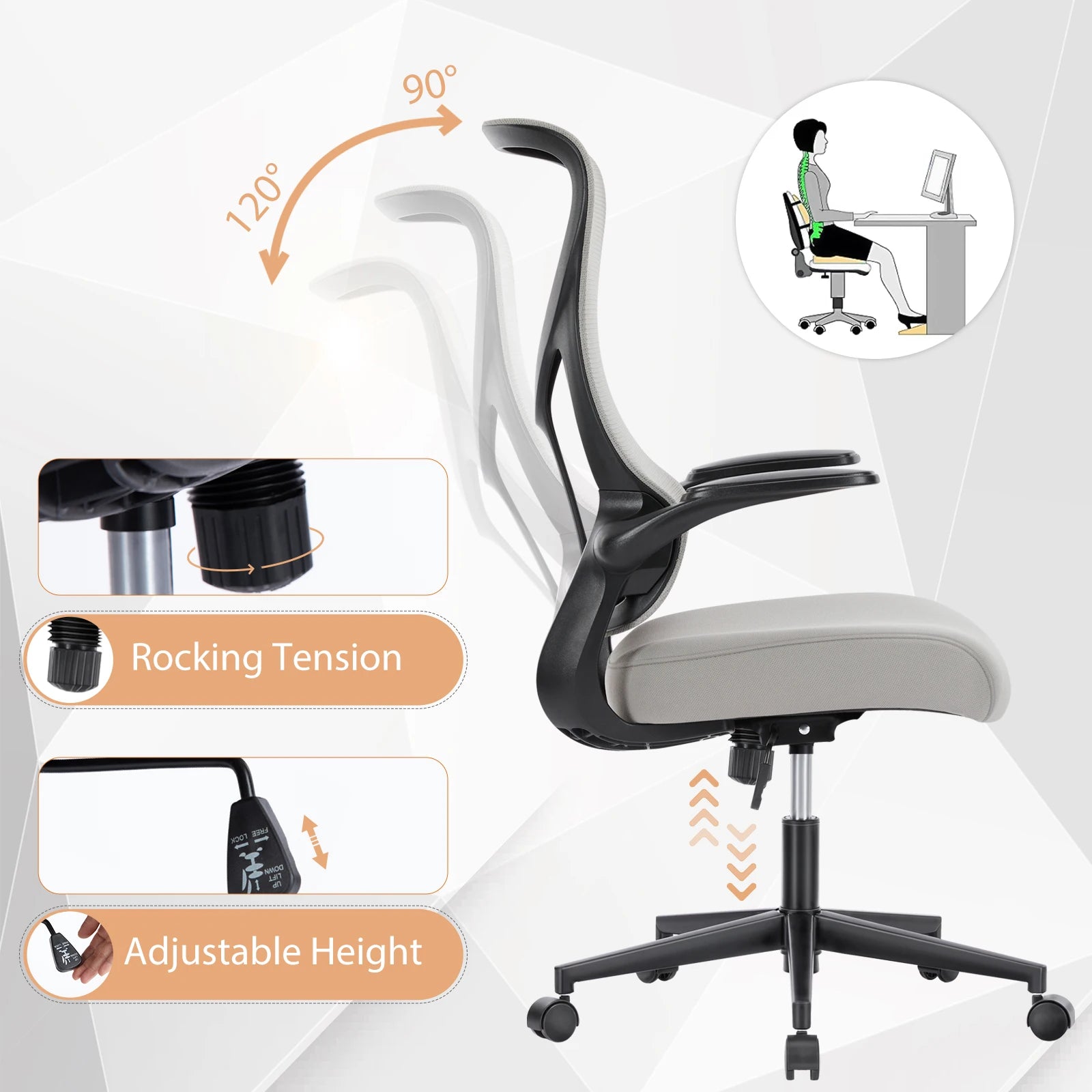 Ergonomická kancelářská židle s prodyšnou síťovinou, bederní oporou a sklápěcími područkami