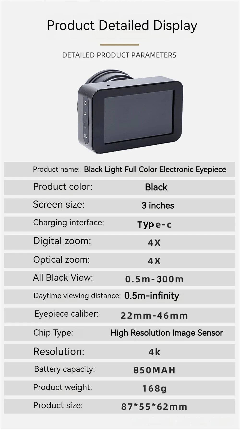 Oculaire de télescope 4K Caméra pour l’astronomie Écran couleur 3 pouces Oculaire électronique Astrophotographie Planétaire et Observation des oiseaux