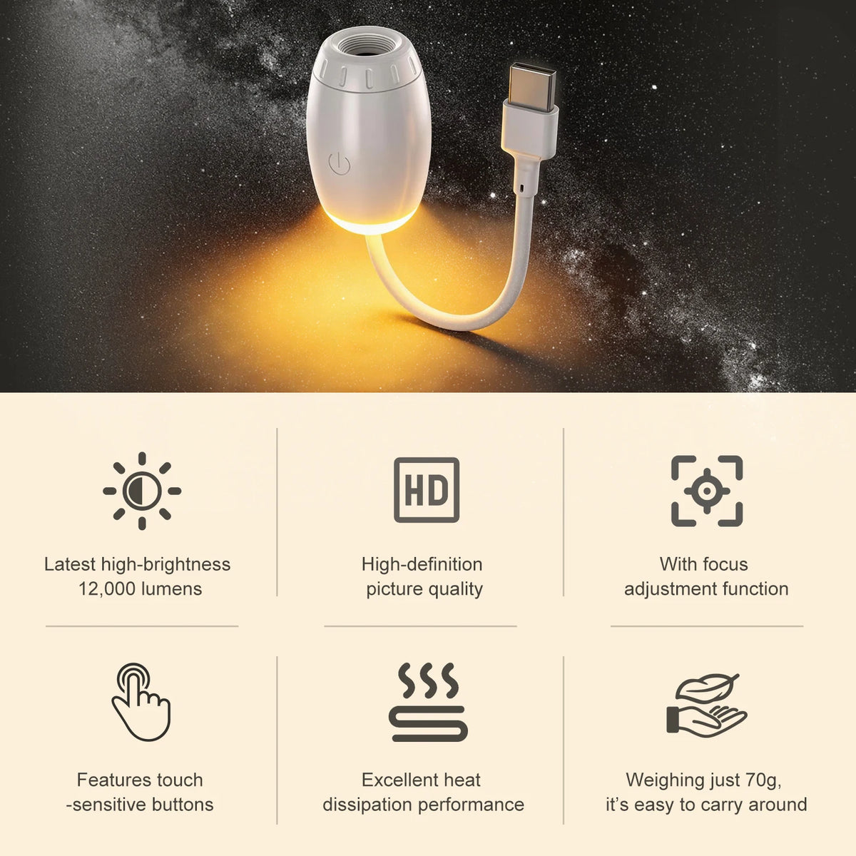 Mini projetor USB de galáxias e luz de presença