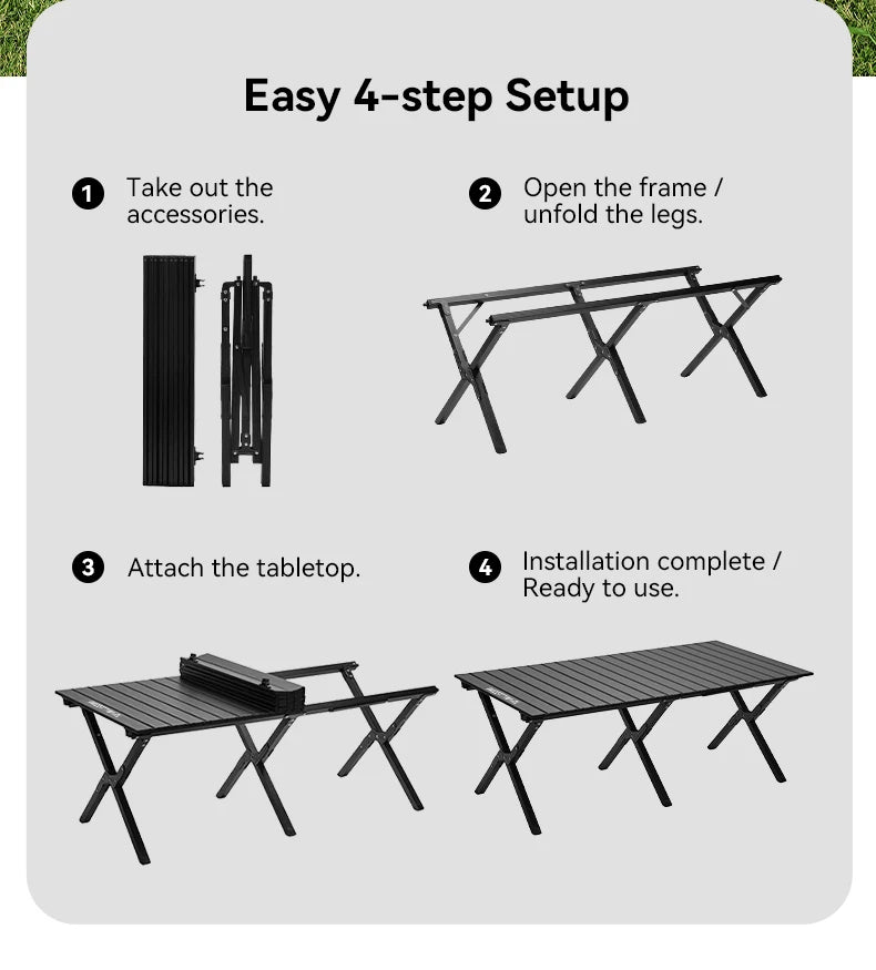 Aluminum Folding Camping Table for 6, Roll-Up Outdoor Use