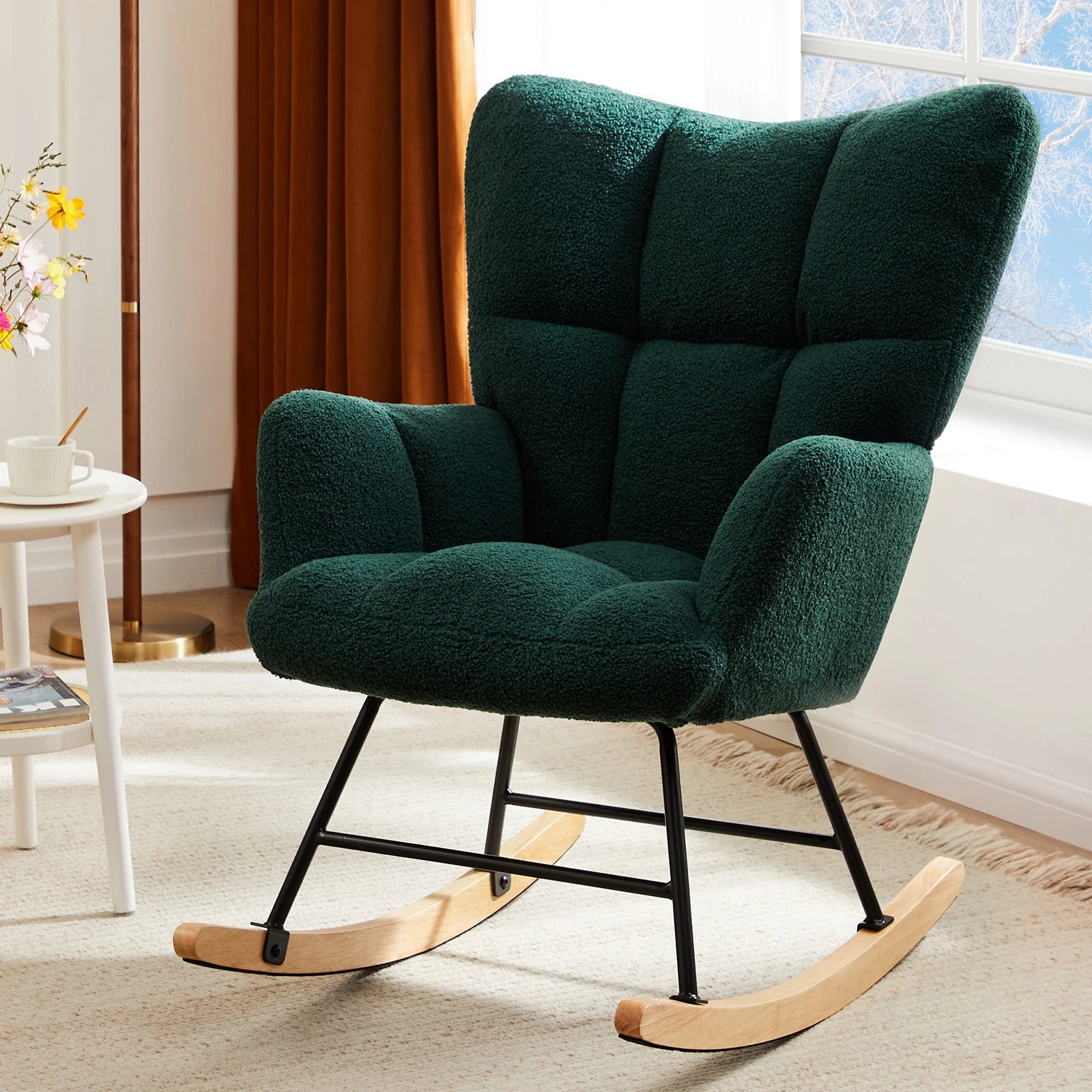 Teddy Fabric Glider Rocking Chair with High Back & Padded Seat