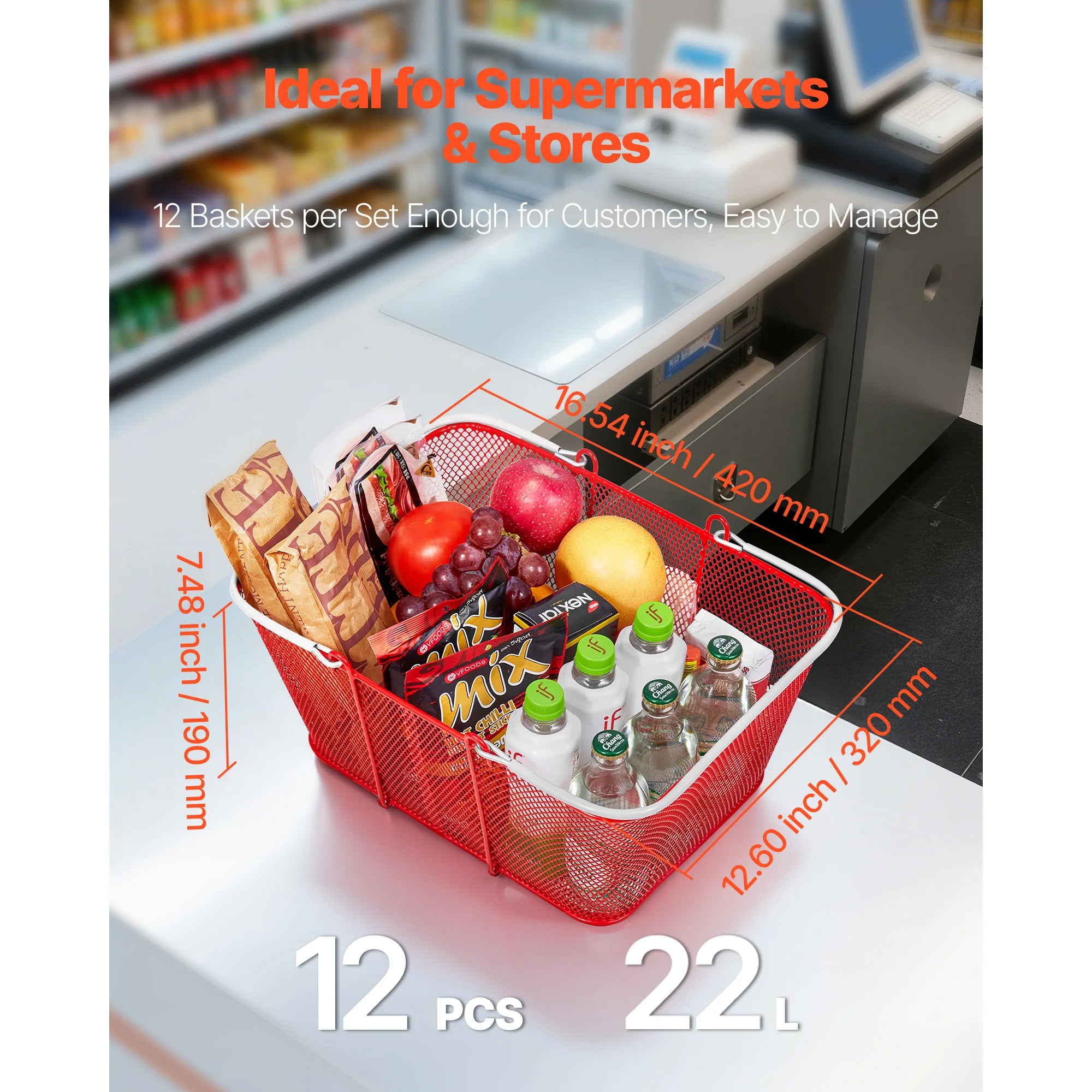 12 Pack 22L Stackable Metal Shopping Baskets with Handles