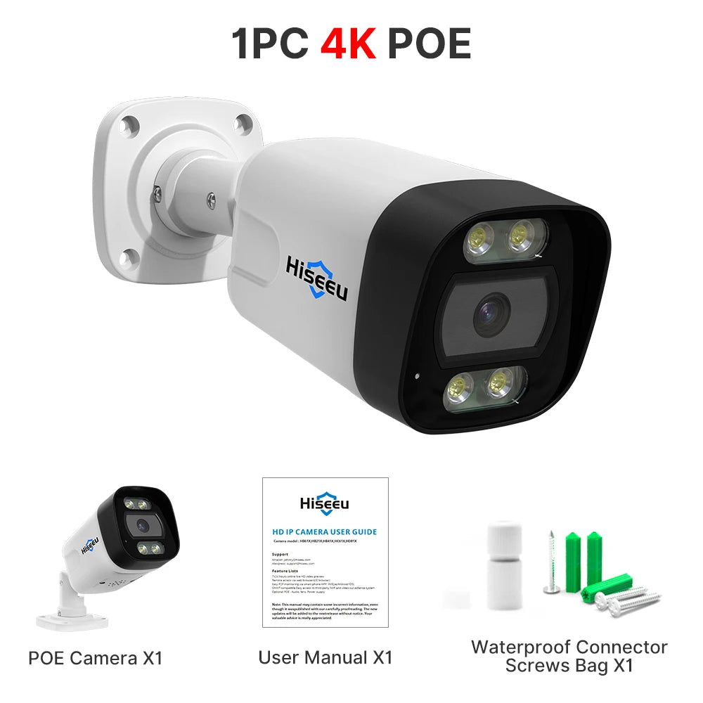 Hiseeu 4K 8MP 5MP POE IP Camera Outdoor H.265 Onvif CCTV Color Night Vision Home Security Camera XMEye Pro