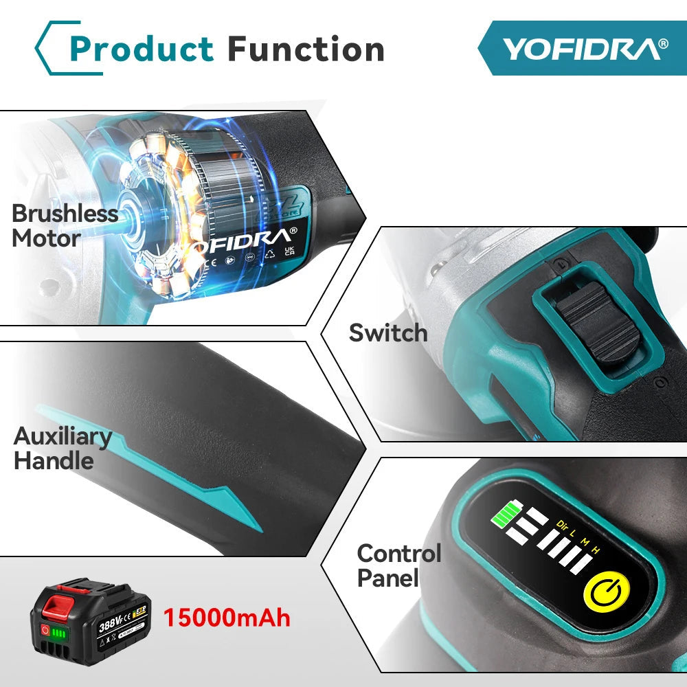 YOFIDRA 3000W 125mm Brushless Electric Angle Grinder Metal Wood Grinding Polishing Cutting Power Tool For Makita Battery Pin