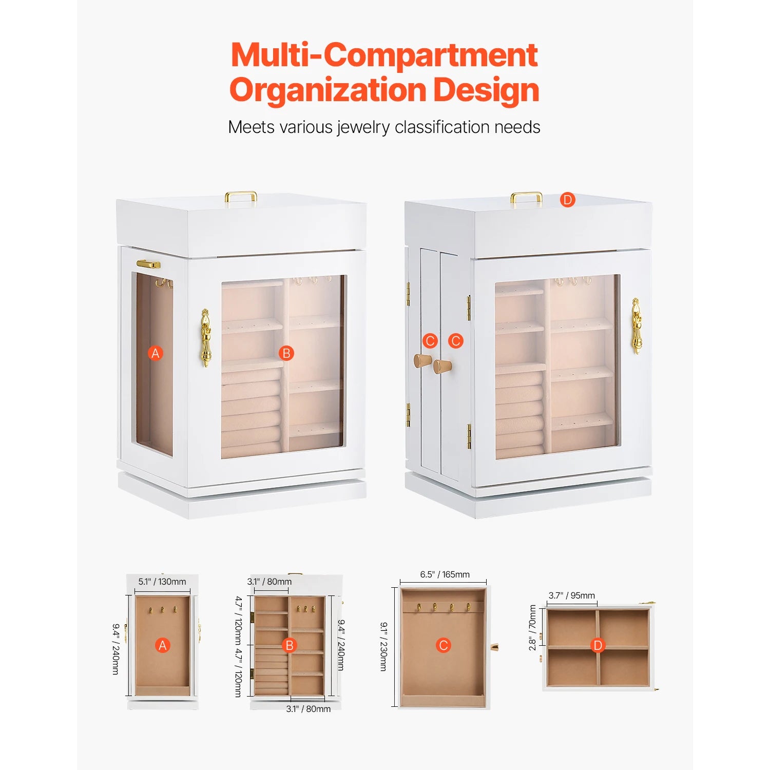 360° Rotating Jewelry Organizer Box with Acrylic Window & Hooks