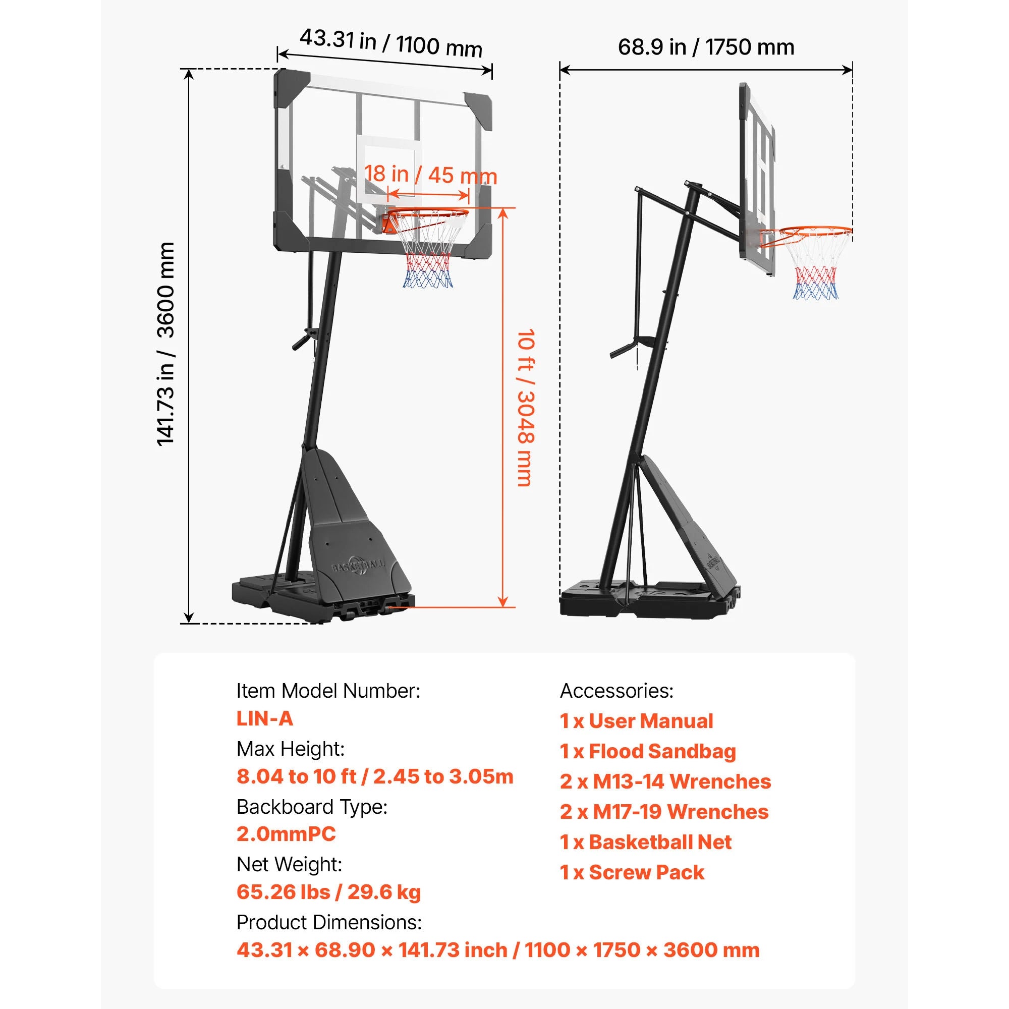 Système de panier de basket-ball portable réglable avec panneau de 44 à 54 pouces