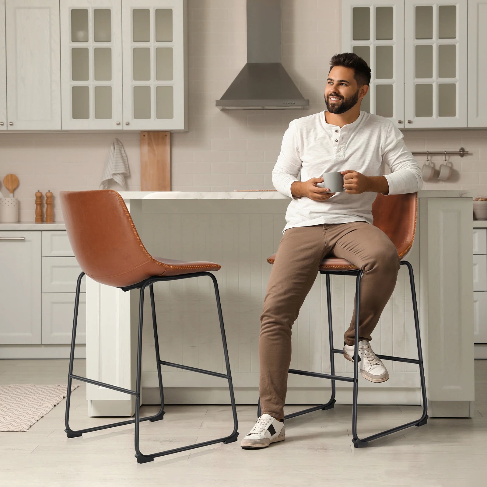 Counter Height Bar Stools Set of 2 Faux Leather with Back