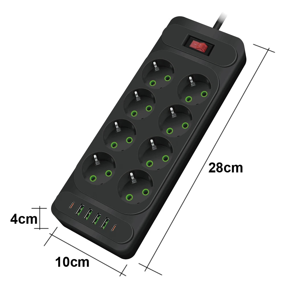 EU Plug AC Outlet Multitap Power Strip 2m Extension Cord Electrical Socket Smart USB Home Office Surge Protector Network Filter