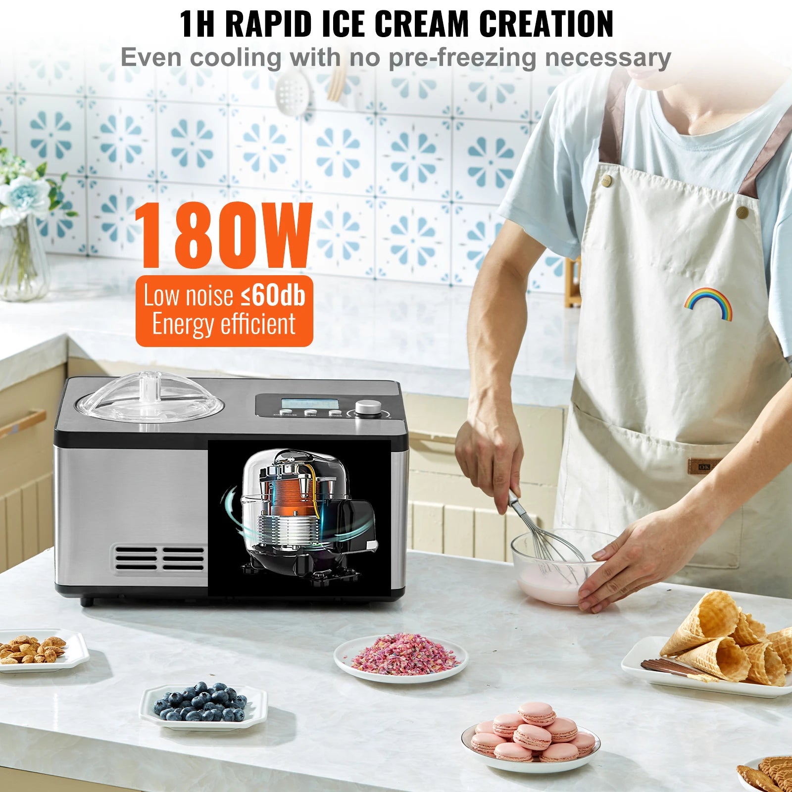 2QT Automatic Ice Cream Maker with Compressor, No Pre-Freezing