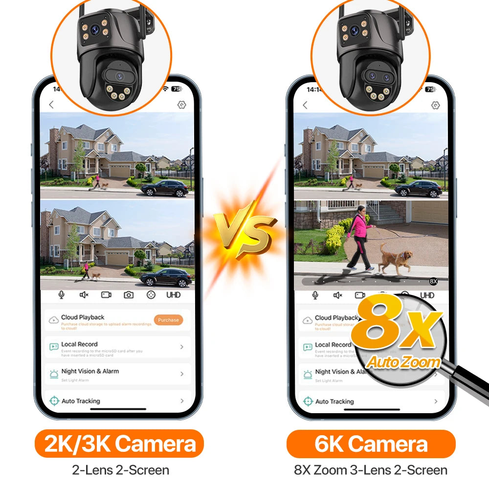6K 9MP WiFi Outdoor PTZ Security Camera with Dual Screen, Three Lens, 8x Zoom