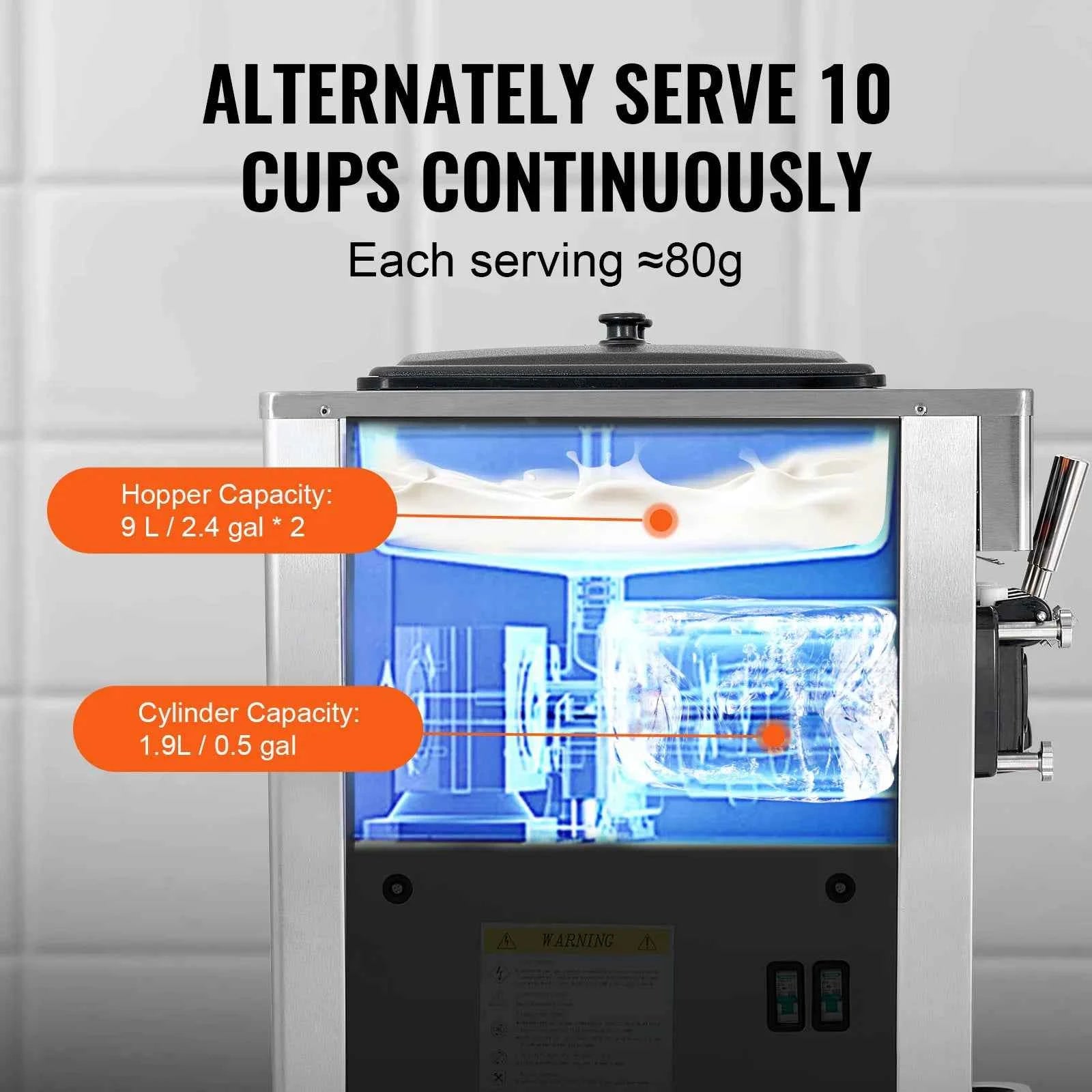 VEVOR Commercial Soft Ice Cream Machine 3 Flavors PreCooling LED Panel Allows Single Cylinder Use Overnight Refrigeration