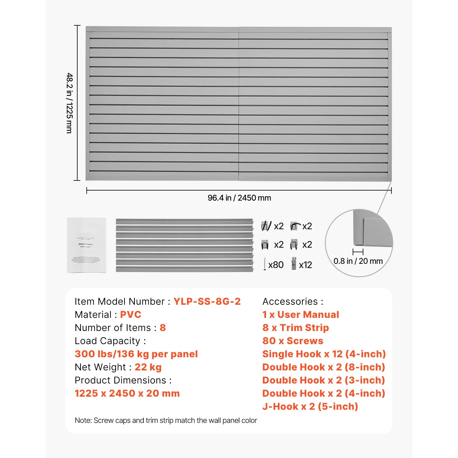 8x4 Ft PVC Slatwall Panels with Accessories for Garage Storage