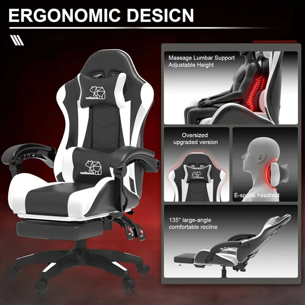 Ergonomische gamestoel met voetensteun en verstelbare rugleuning, in hoogte verstelbaar