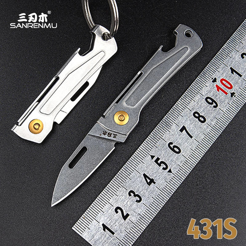 SANRENMU 431S Folding pocket knife 12C27 blade Portable EDC outdoor camping bottle opener Keychain hole knife