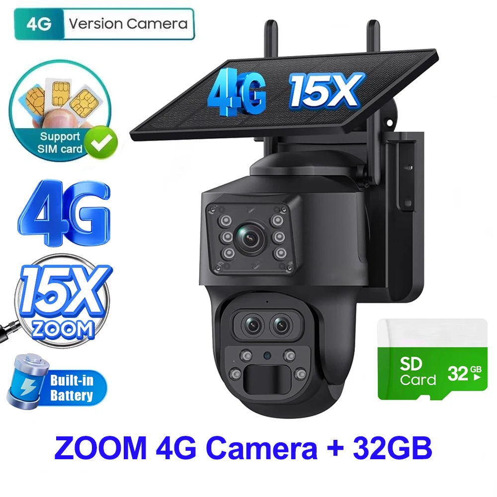 12MP 15X Zoom 4G Solar Security Camera Dual Screen Outdoor PTZ