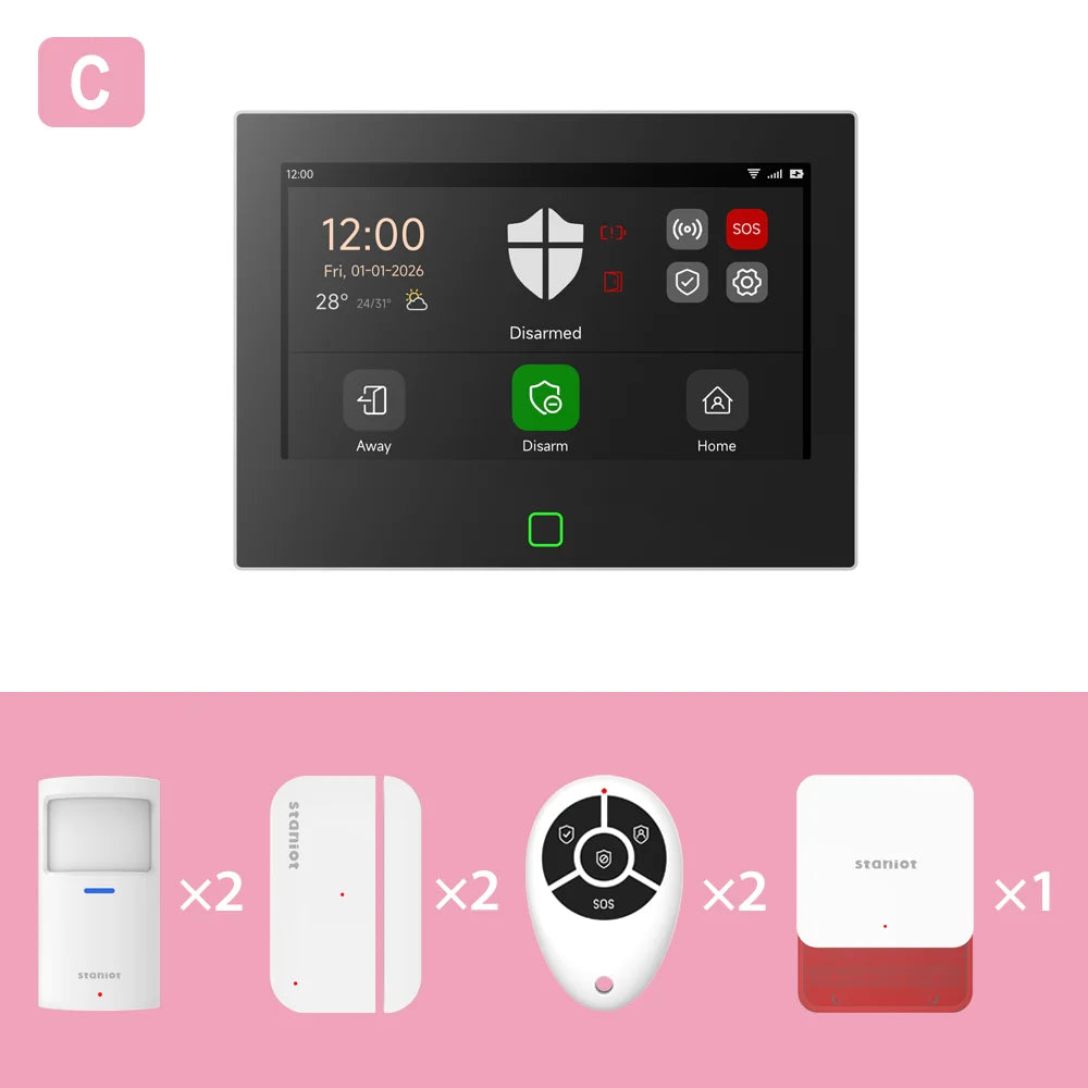 16|Staniot Versión Lora de 7 pulgadas Sistema de alarma para el hogar inalámbrico Alcance de transmisión de 500m WiFi 4G Sirena integrada. Alarma inteligente