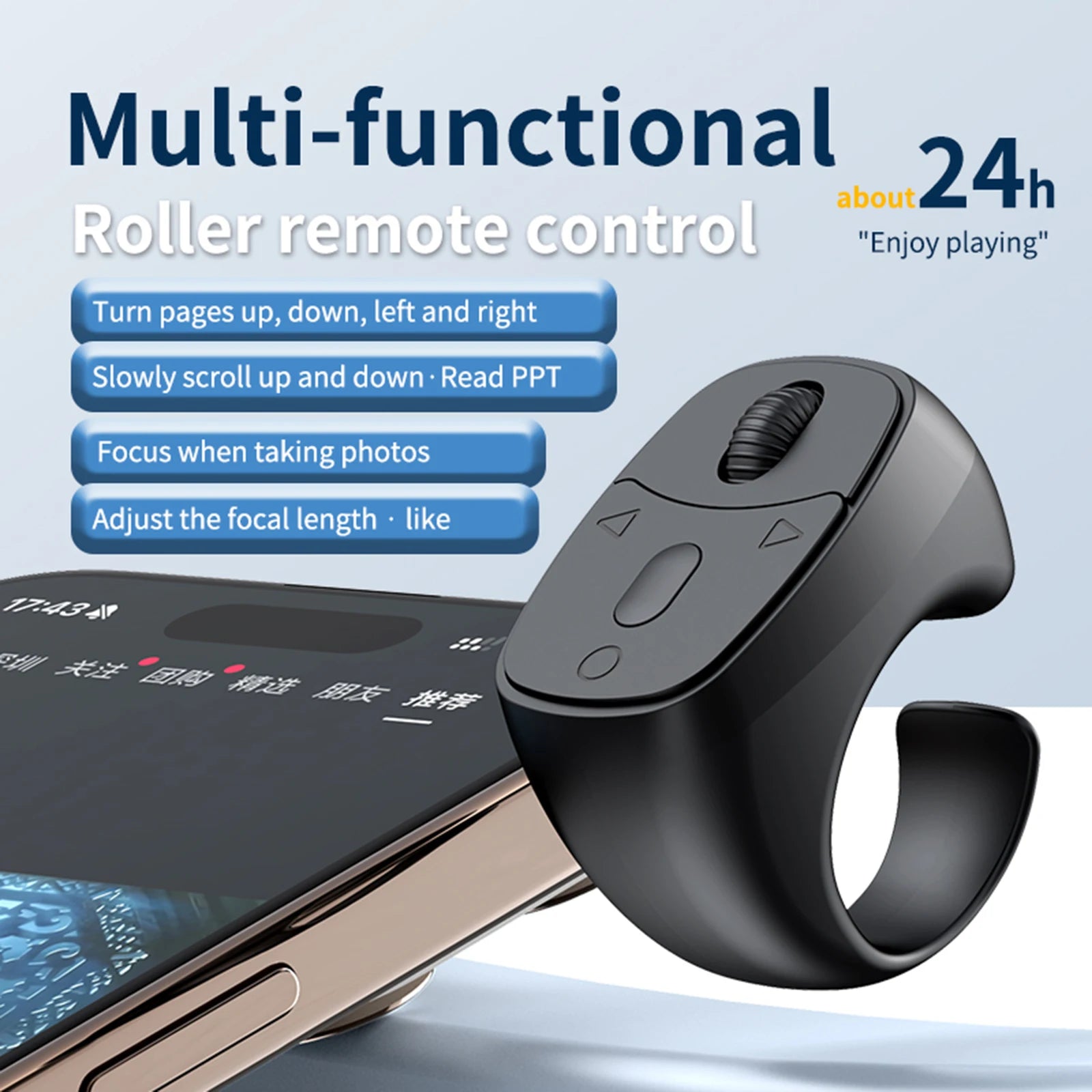 Télécommande bague Bluetooth 5.3 avec défilement et déclencheur d'appareil photo