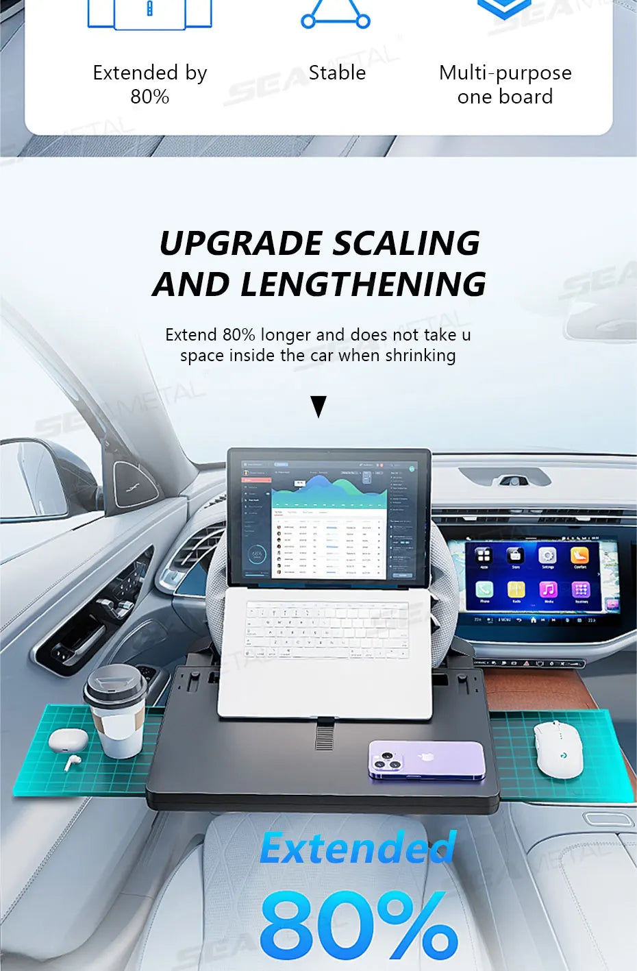 SEAMETAL Extendable Steering Wheel Tray Car Temporary Tray for Driver Adjustable Silicone Anti Slip Clip Foldable Hidden Tray