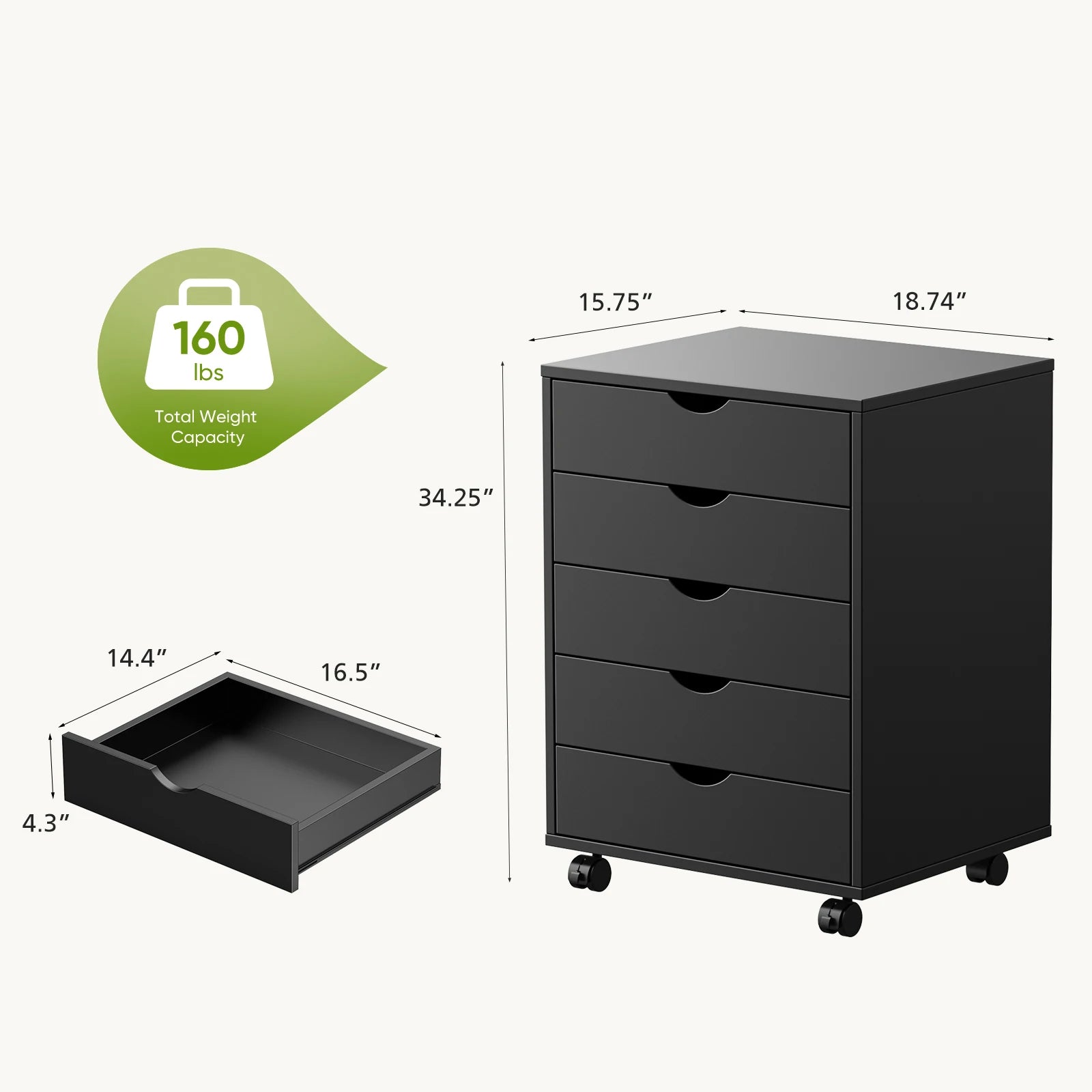 5 Drawer Rolling Storage Cabinet with Wheels Modern Organizer