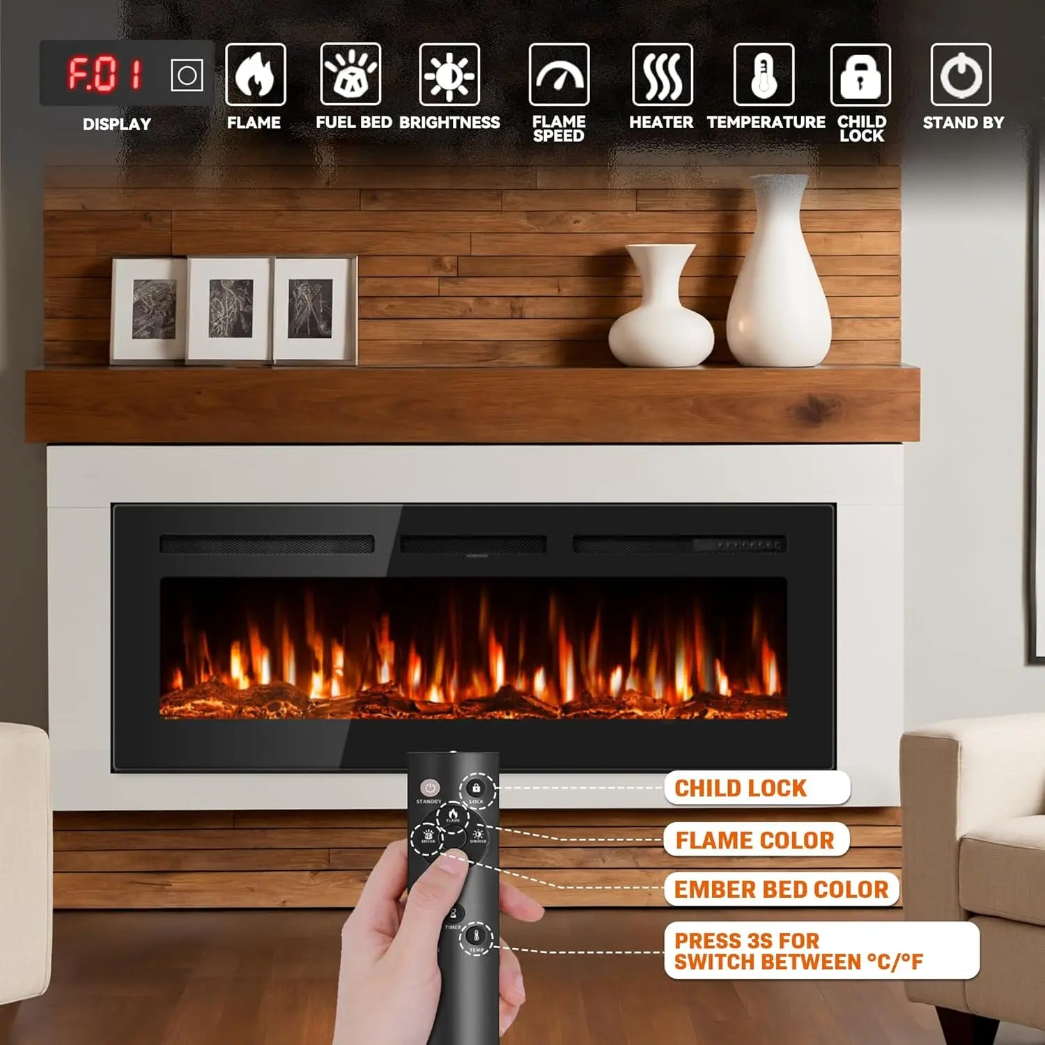 60" Ultra-Thin Electric Fireplace with 12 Flame Colors & Thermostat