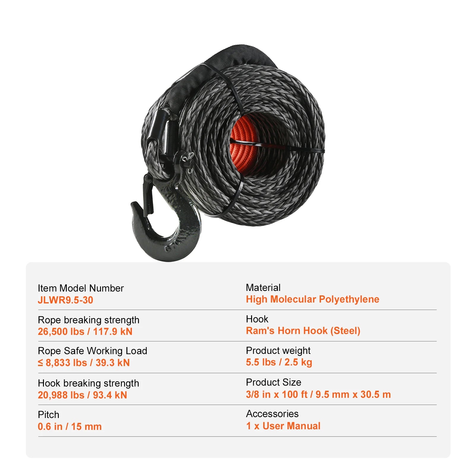Syntetisk spilwire 26500–32000 lbs med krog til lastbil ATV