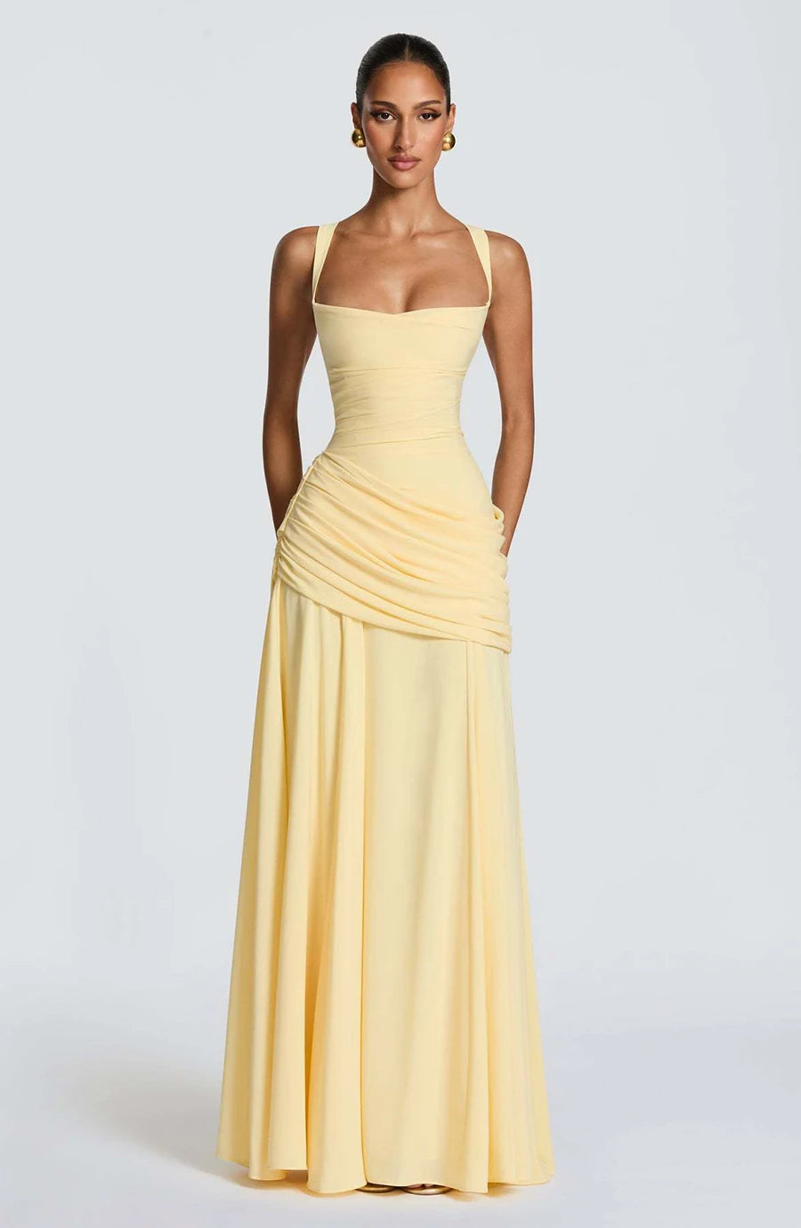 Women’s Elegant Ruched Backless Maxi Dress with Square Neck