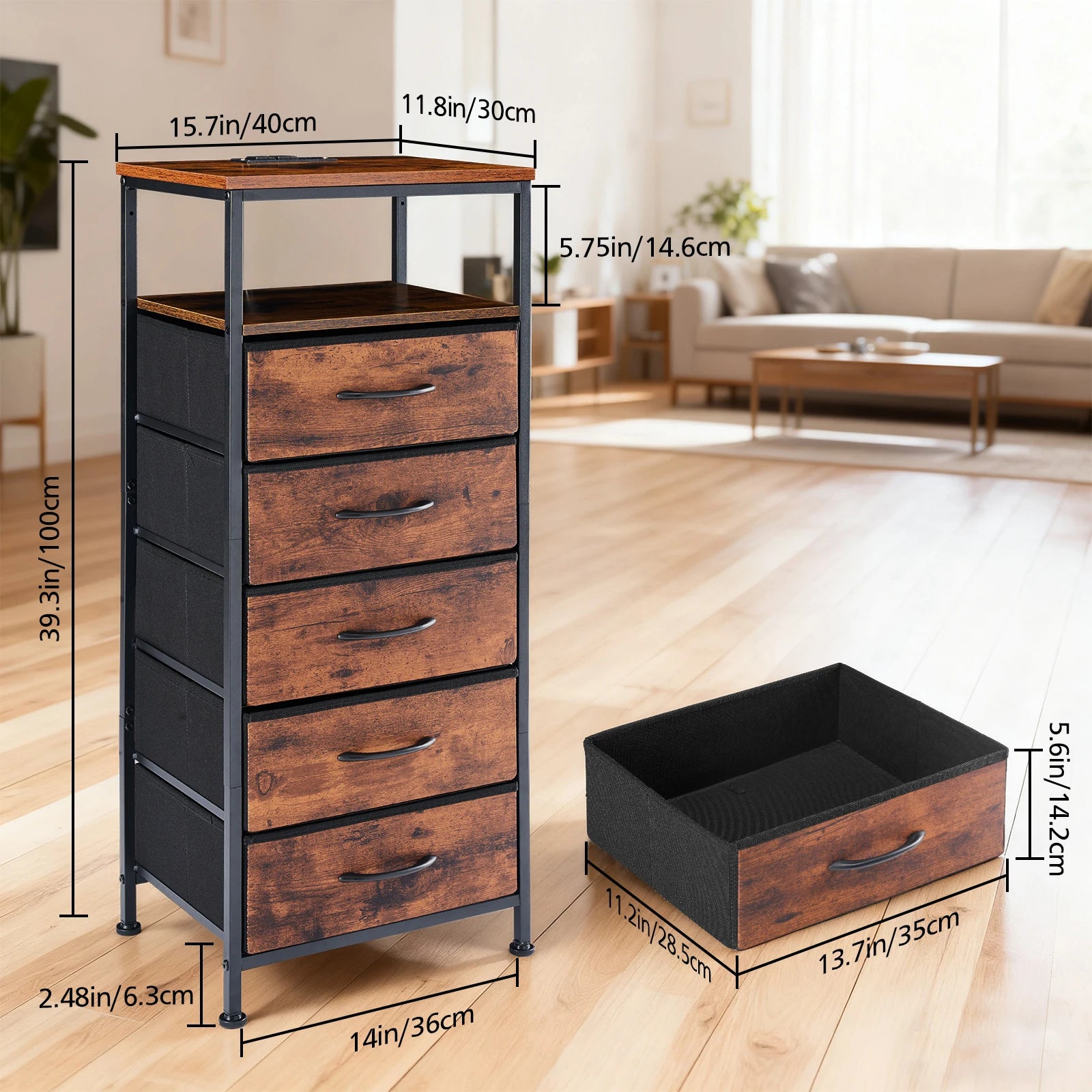 5 Drawer Storage Cabinet with Charging Station & LED Light Strip