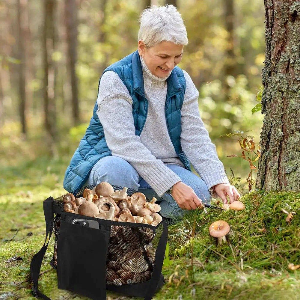 Worek do zbioru z siatki z regulowanym paskiem na ramię