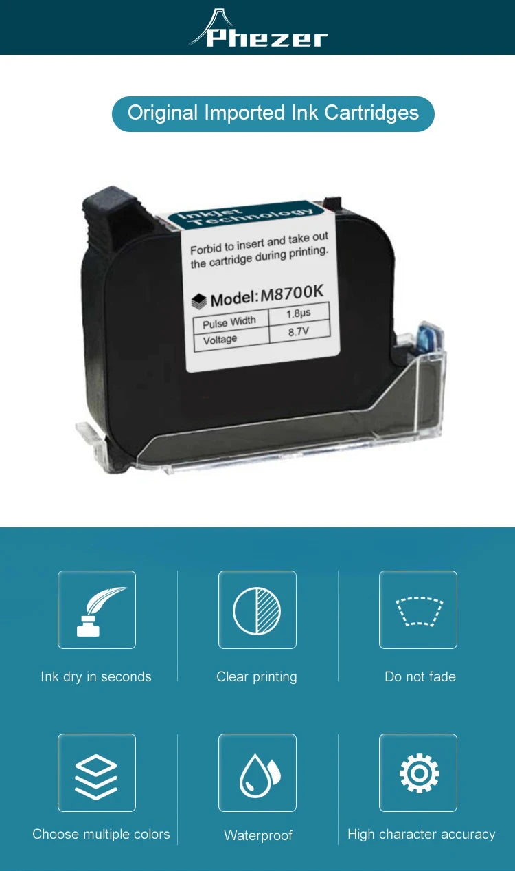 Phezer Quick-Dry Black Ink Cartridge 12.7mm for Handheld Inkjet Printers