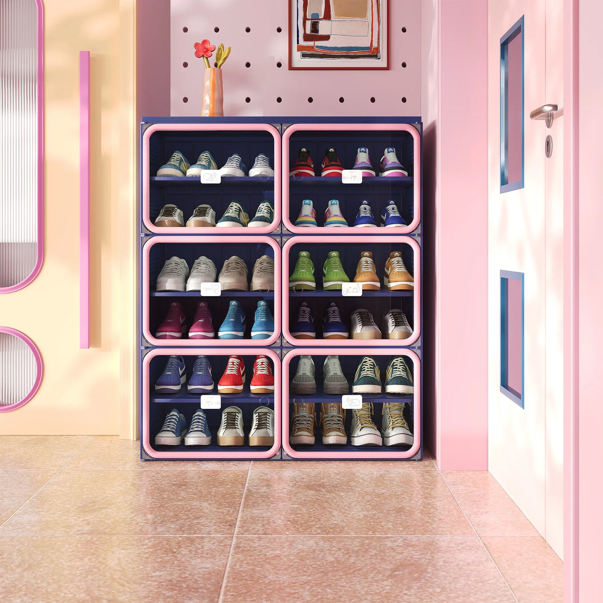 Νarrow Shoe Cabinet Folding Shoe Cabinet With Magnetic Door, Shoe Rack With 6 Doors And 12 Compartments, Shoe Cabinet, For 24 Pairs Of Shoes, 85 X 34 X 108 cm, Plastic Storage Cabinet, For Living Room, Bedroom, Hallway