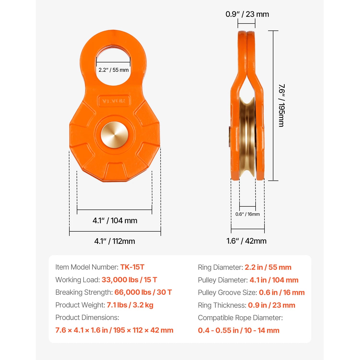 30T Snatch Block Talje til Vinschgenopretning 0,4–0,55" Reb