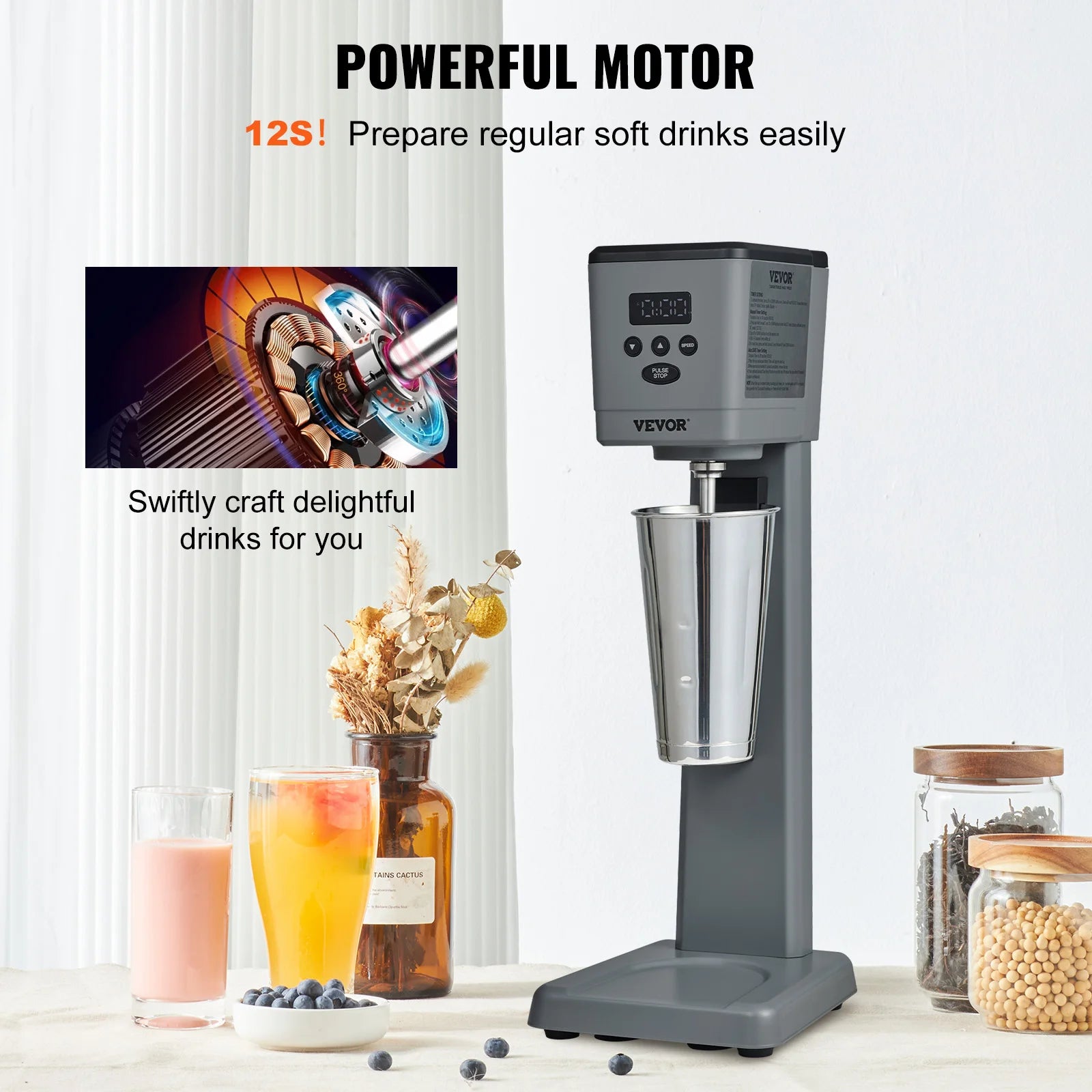 Electric Milkshake Maker 375W with 3 Speeds & 820ml Steel Cup