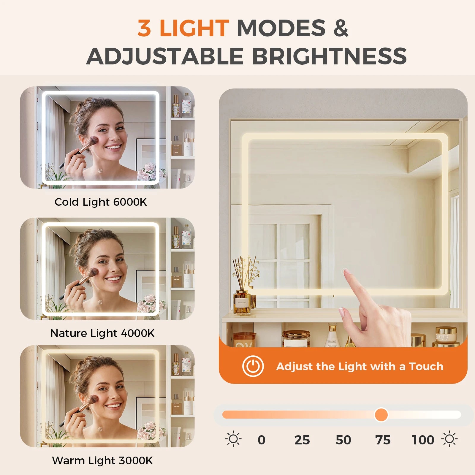 Modern Makeup Vanity Desk with Lighted Mirror, Storage & Charging