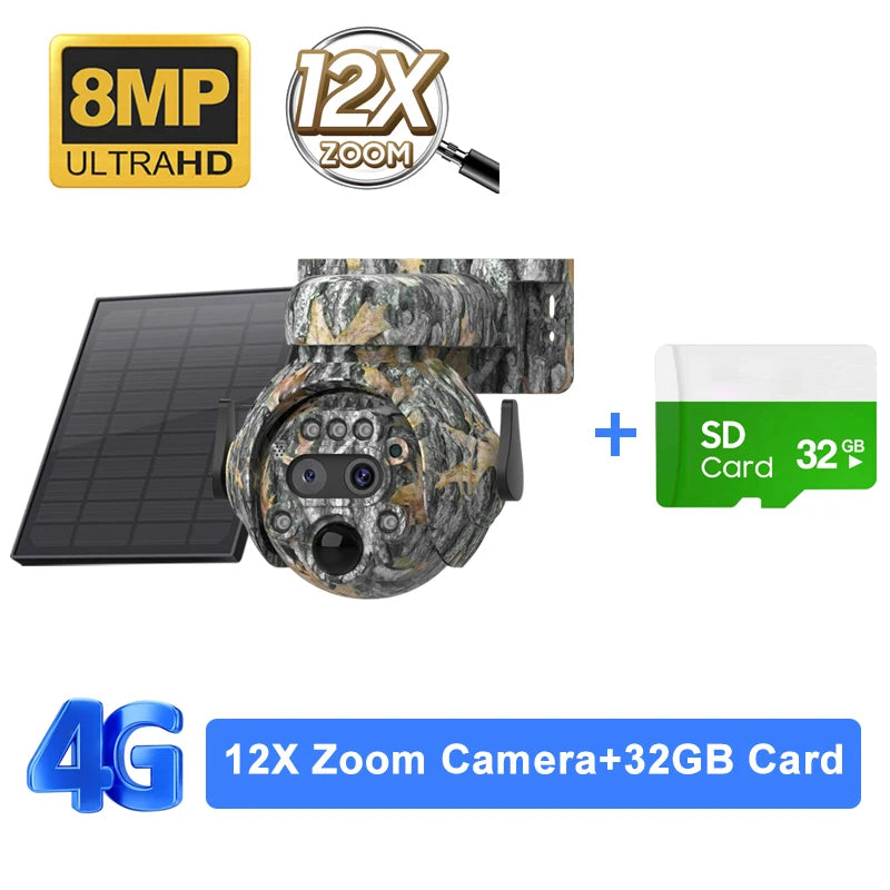 SHIWOJIA 12X ZOOM 4K 8MP Solar Camera Dual lens 4G 360° View Camouflage Color Outdoor Hunting Camera 7800mAh Battery Ubox app