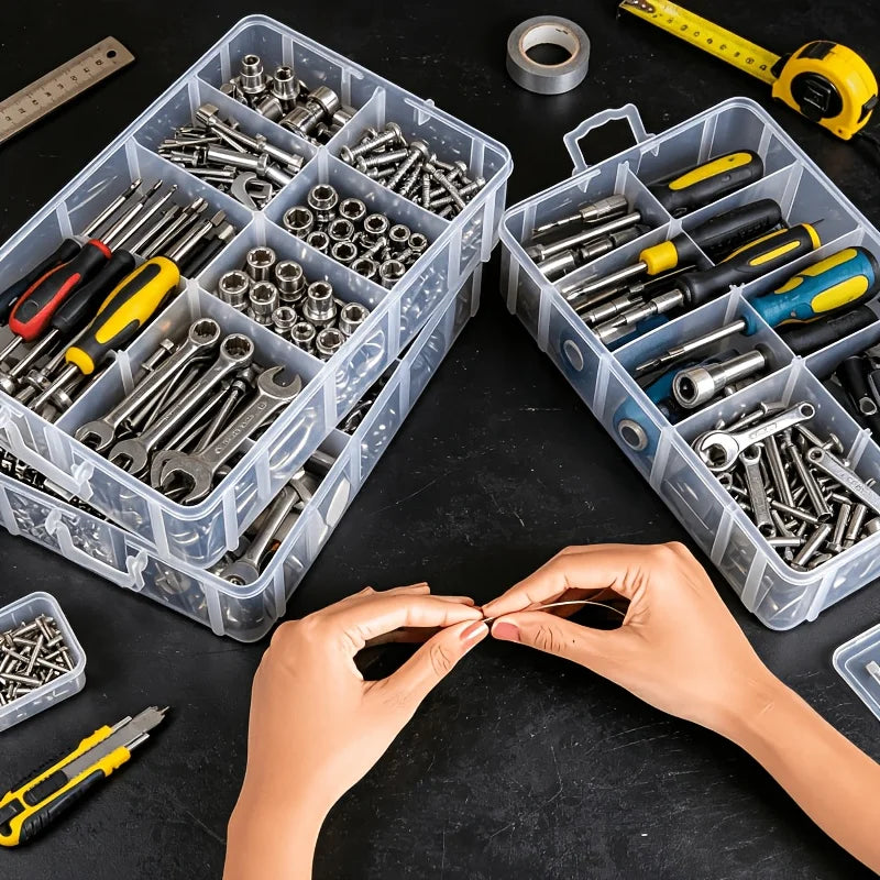 Set van transparante opbergdozen voor kleine onderdelen met zes compartimenten