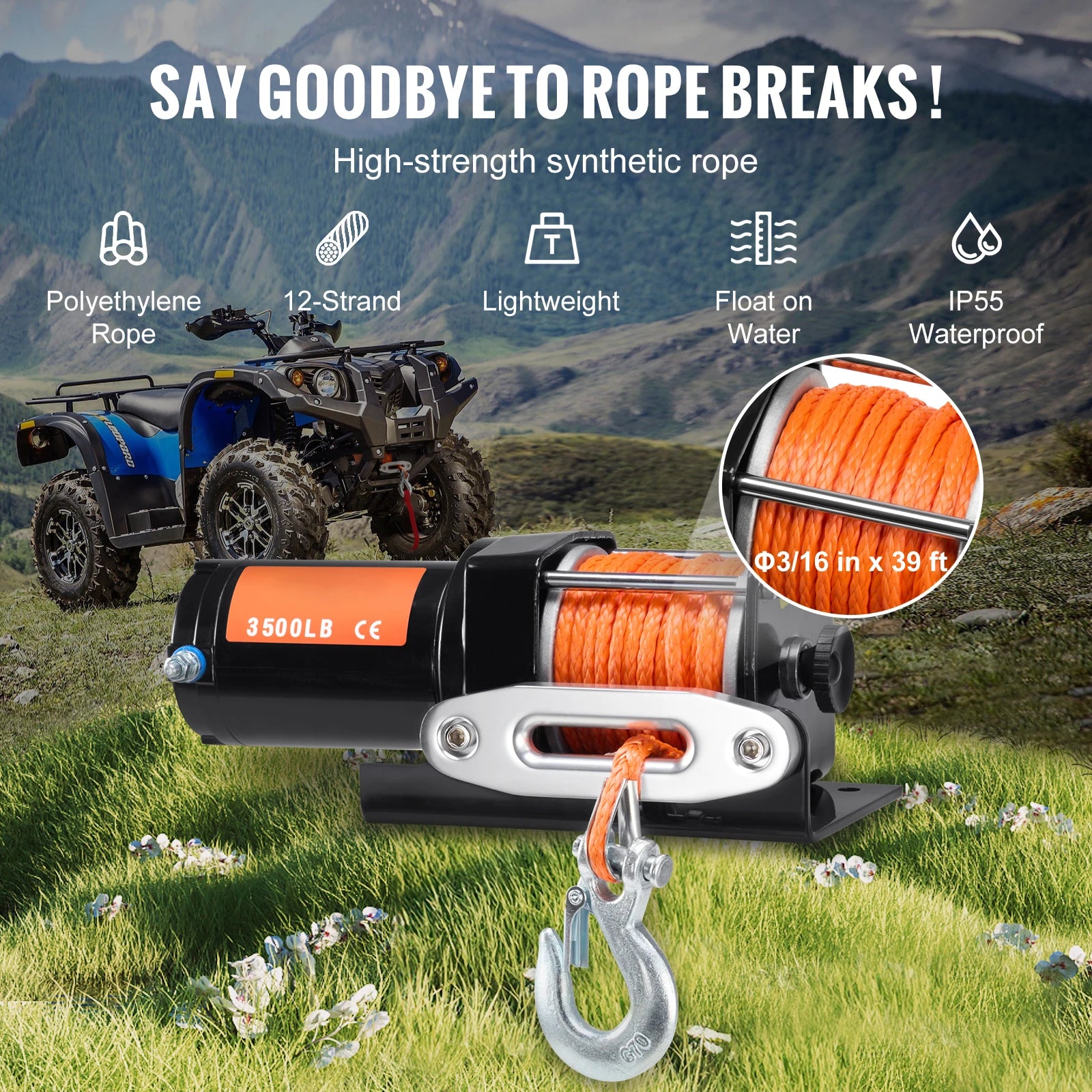 Verricello elettrico per ATV da 3500 lbs con fune sintetica da 39 ft e controllo cablato