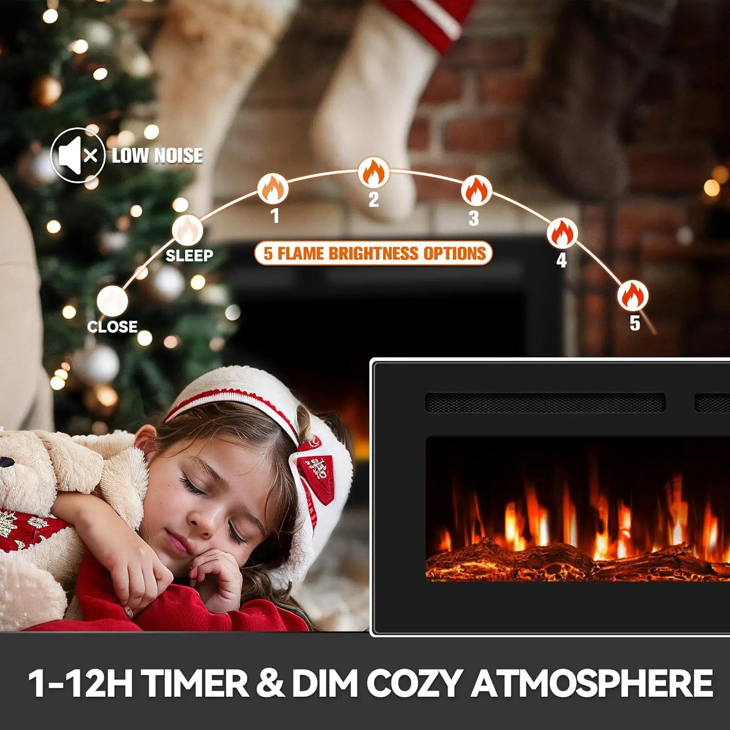 60" Ultra-Thin Electric Fireplace with 12 Flame Colors & Thermostat