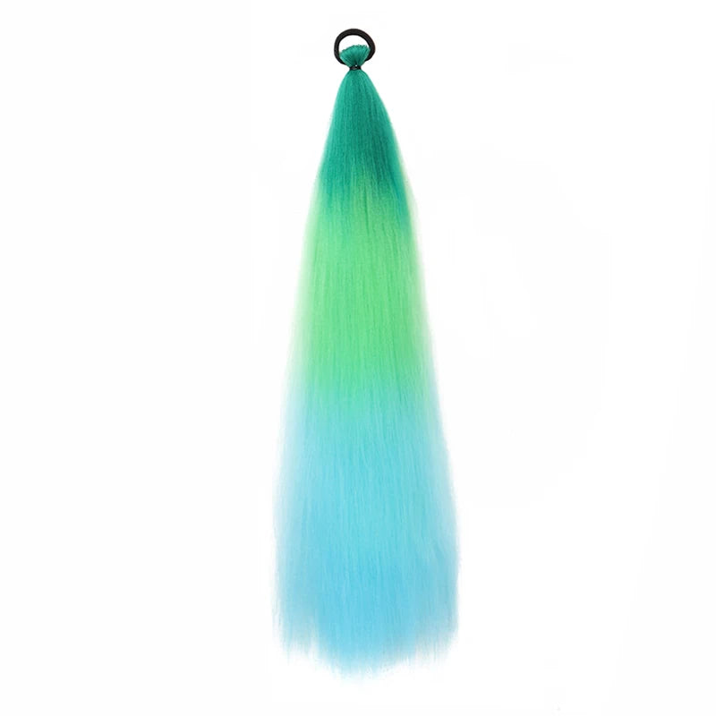 26Inch Synthetic Ponytail Extension with Elastic Tie Hair Band Long Yaki Straight Colored Braiding Ponytail Ombre Colors