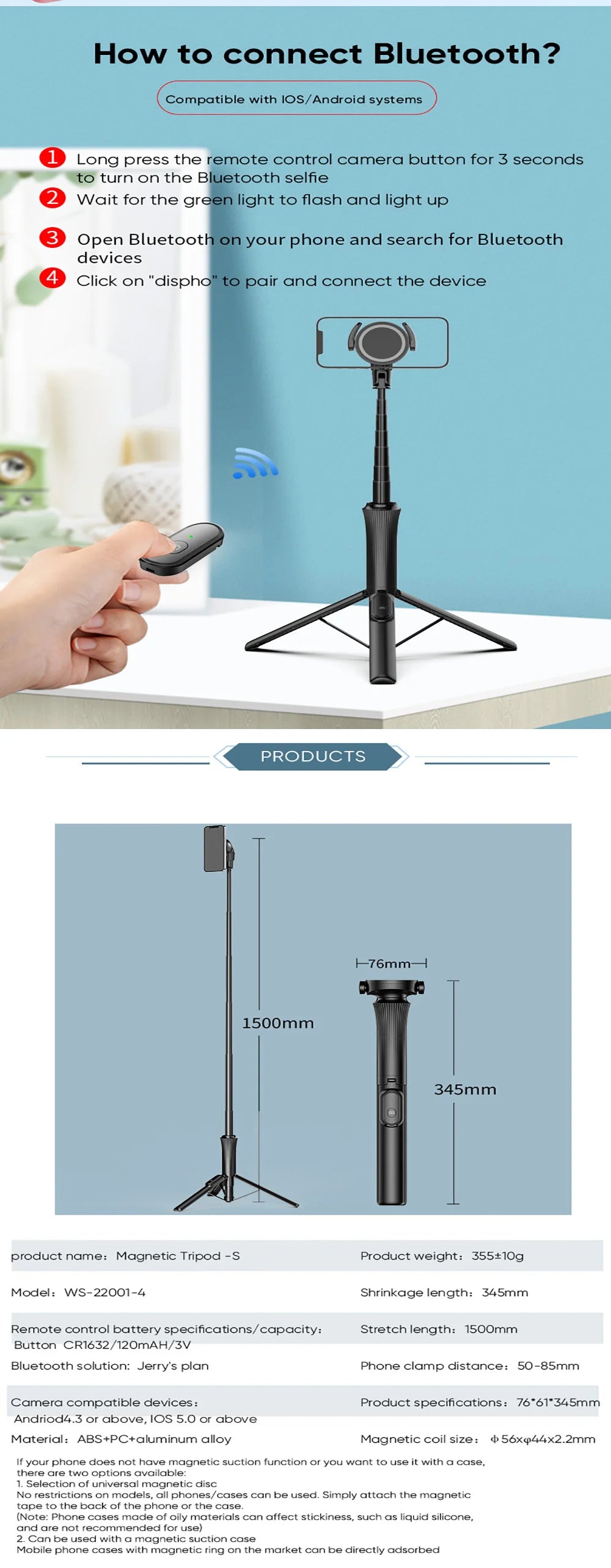 2025 Magnetic Selfie Stick Phone Tripod w Remote Extend Cell Phone Tripod Stand For MagSafe iPhone 15 14 13 12 XIAOMI SAMSUNG