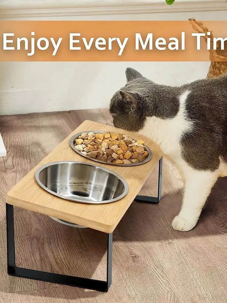 Elevated Cat Bowls 15° Tilted Raised Cat Food Bowls with Wooden Stand Anti Vomiting 2 Stainless Steel Bowls for Cats and Puppy