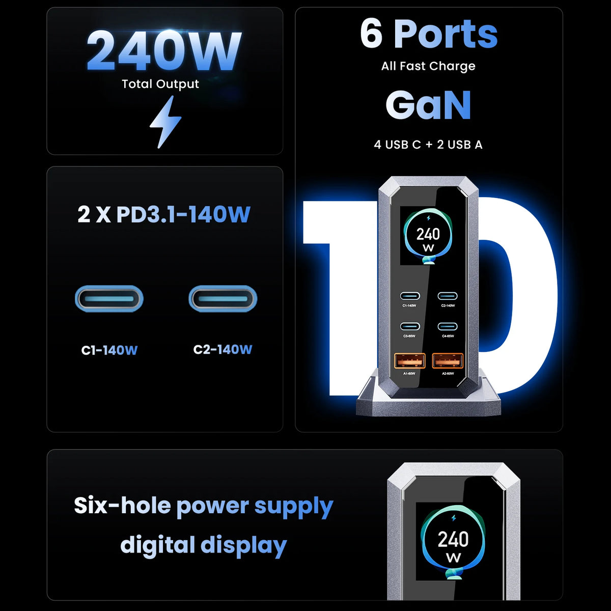 240W GaN Desktop-Schnellladezentrum mit 6 Ports