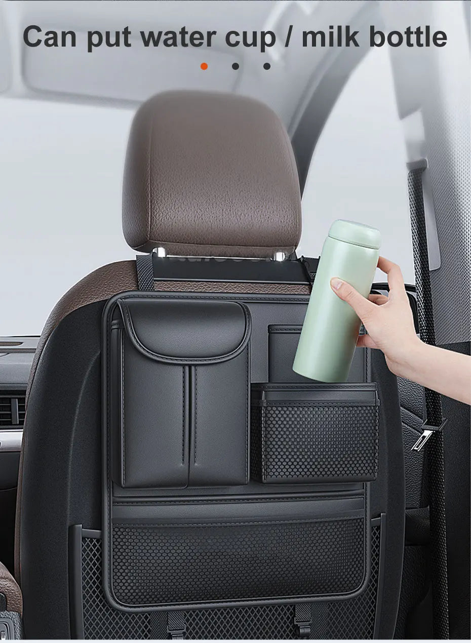 SEAMETAL Car Seat Back Organizer Rear Row Storage Bag with Elastic Band Nappa Leather Multi Pocket Anti Kick Pad Seat Protector