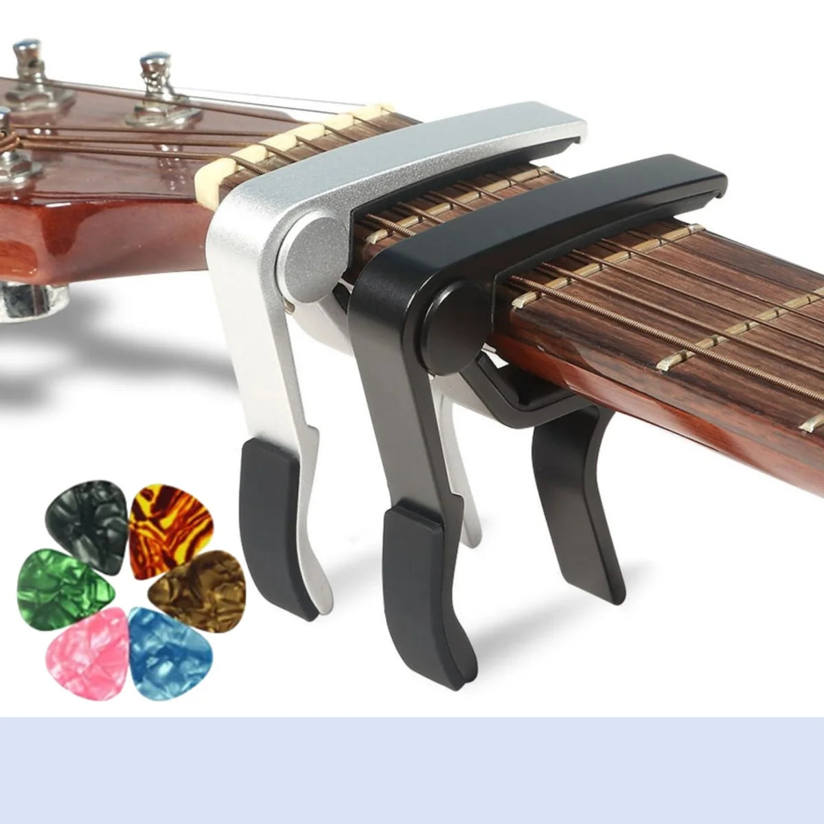Metal Guitar Capo in Black or Silver, with 6 Guitar Picks