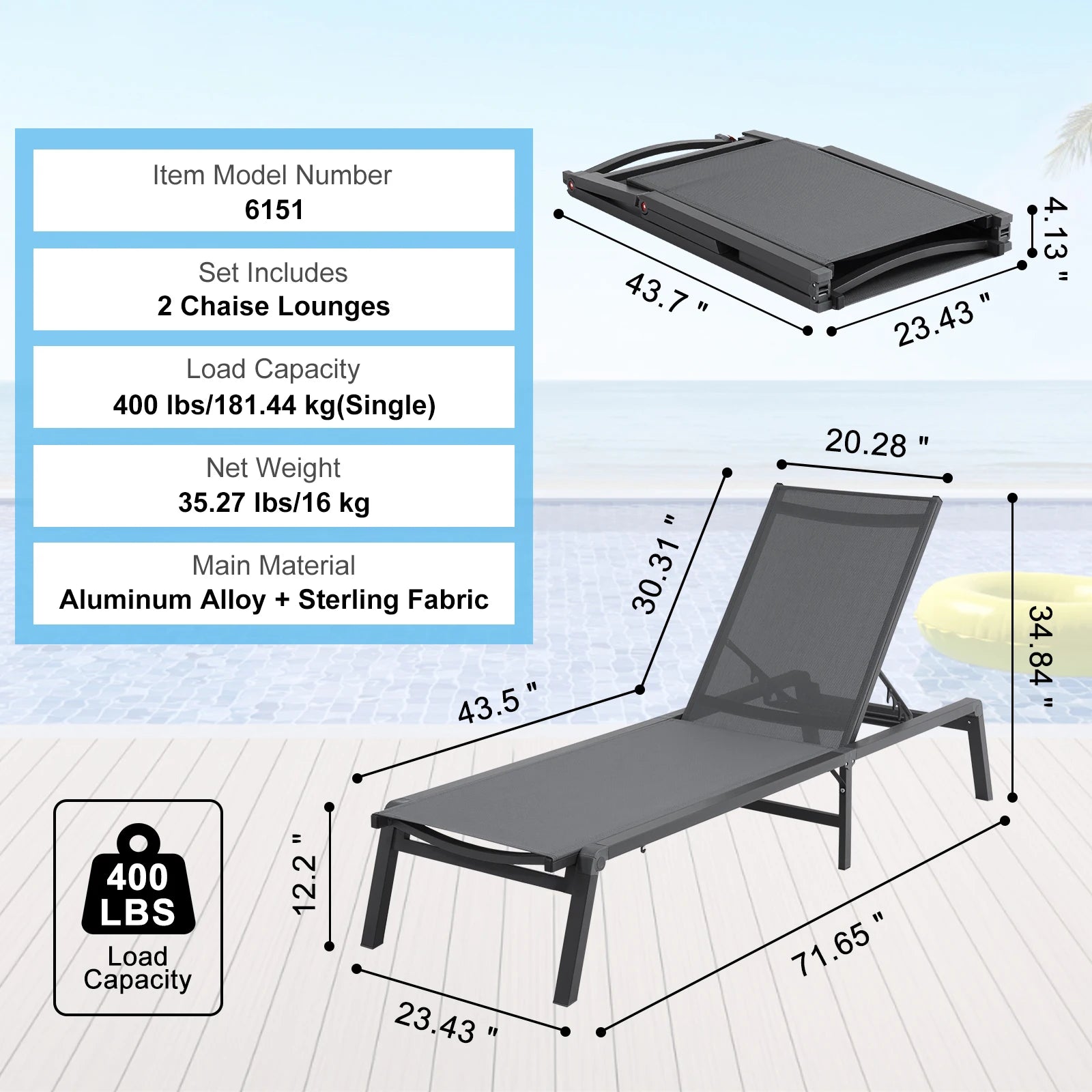 SucceBuy Garten-Liegesessel aus Aluminium, Outdoor-Patio-Liegesessel, klappbar, Pool-Liegesessel, voll flach, für Terrasse, Strand, Pool, Dunkelgrau