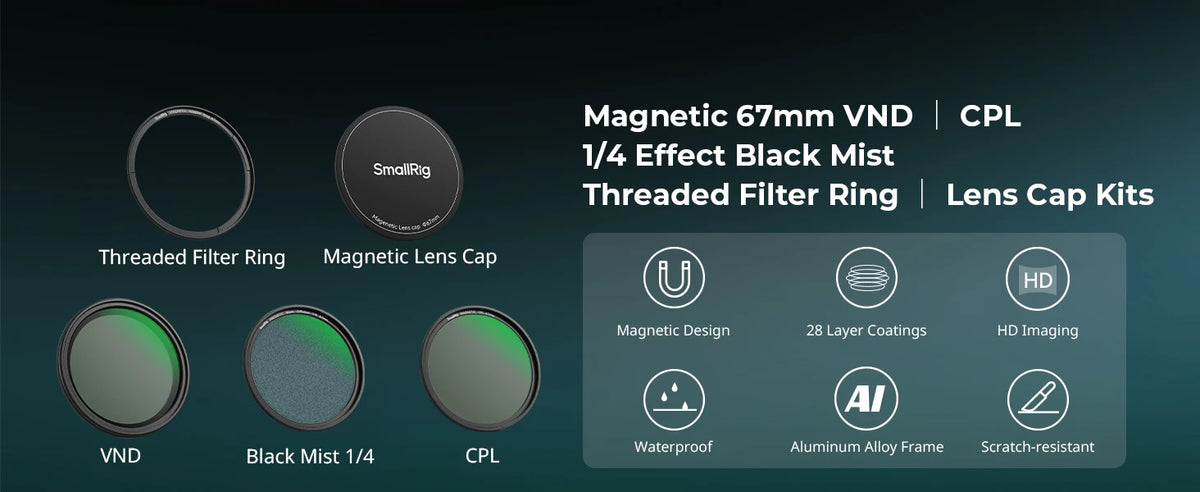SmallRig 5-in-1 Attachable Magnetic Filter Kit VND 2-32 & CPL & 1/4 Effect Black Mist (67mm) with Threaded Adapter Ring -4726