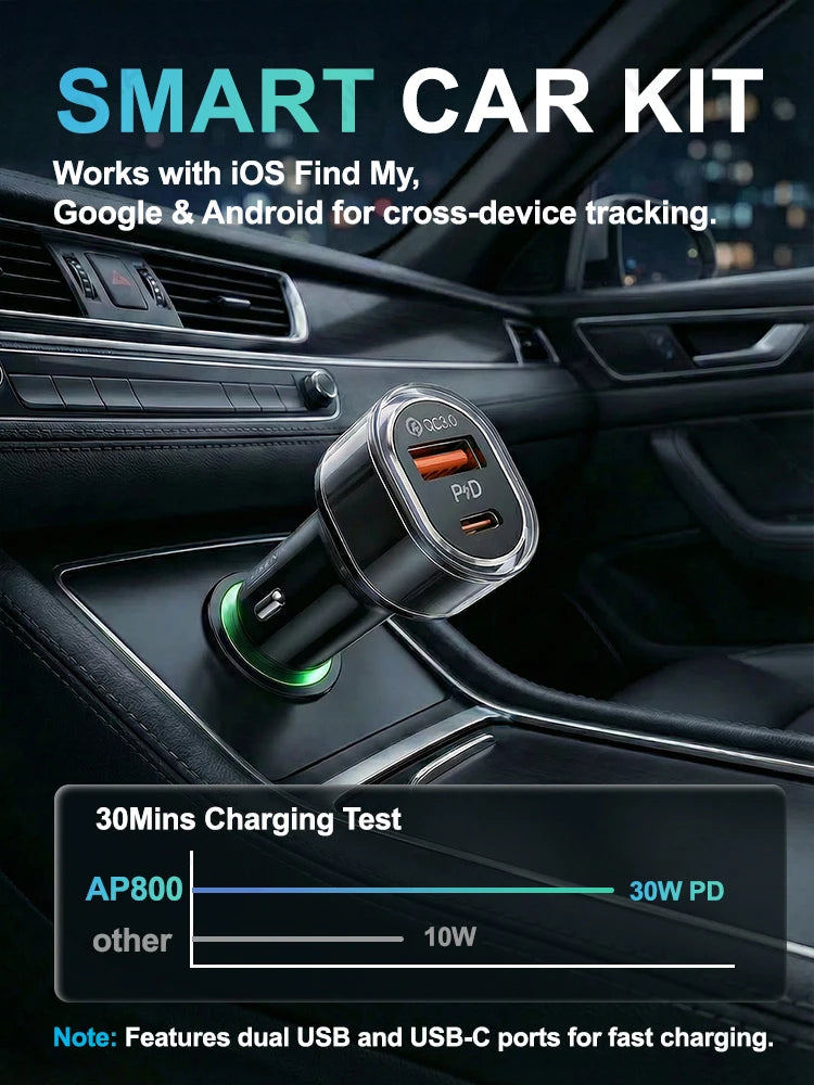 Car Charge GPS Locator Tracker 30W USB Phone Charger Fast Charging Type C QC3.0 Works with iOS Find My APP,Google,Android