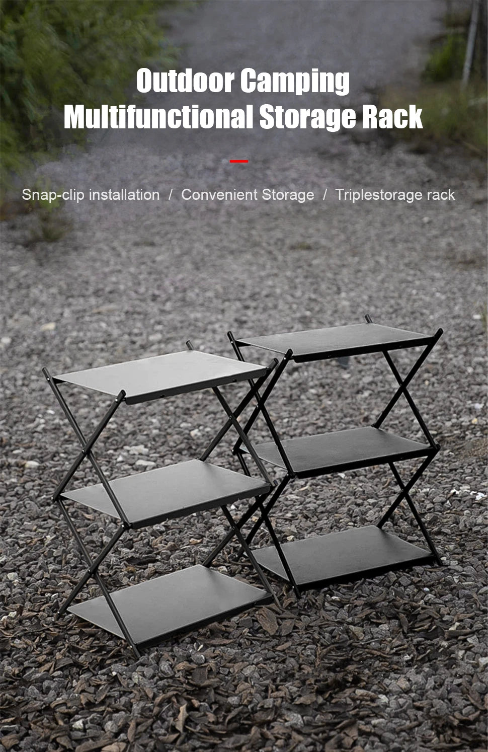 Camping Foldable Three-Tier Storage Shelf Rack for Outdoor Use