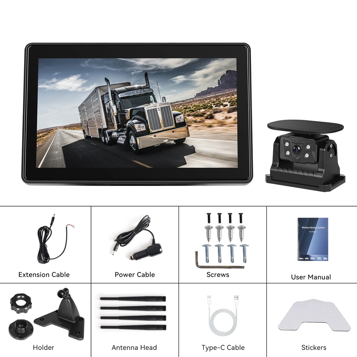 Podofo pantalla HD IPS de 10.1 pulgadas Monitor de reversa para coche + cámara reversa inalámbrica solar con grabación 720P