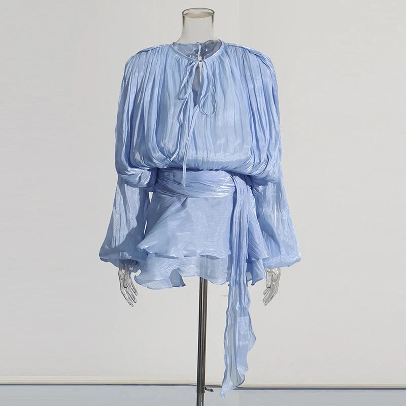 TWOTWINSTYLE Solid Patchwork Lace Up Blouse Mini Dresses For Women V Neck Long Sleeve Sweet Style Dress Female Clothing Fashion